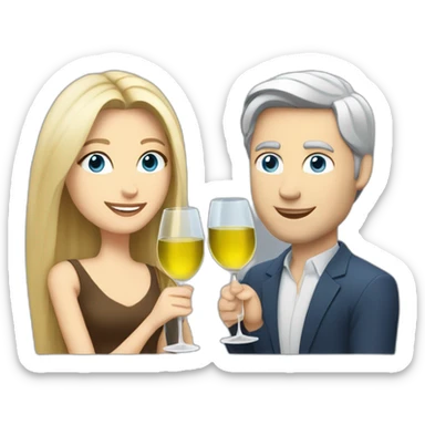 A white woman with brown eyes and blond medium long hair and a white man with blue eyes and grey hair, toasting with a glass of white wine sticker