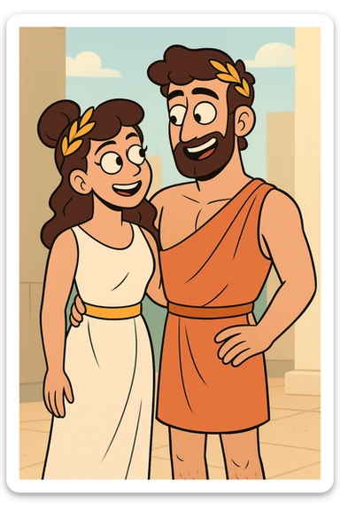 Greek couple, male and female, ages 20-35, in a modern cartoon style, vibrant, playful, contemporary sticker
