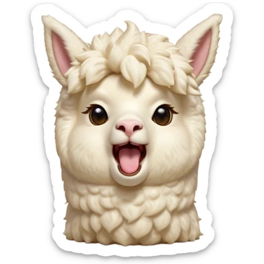Cinematic Cute Yawning Cream Alpaca Portrait Emoji, Head tilted slightly with a dramatic, wide-open yawn, showcasing a soft, fluffy cream fleece with subtly drooping ears, round gentle eyes barely open in drowsy contentment, Simplified yet irresistibly adorable features, highly detailed, glowing with a soft, cozy glow, high shine, relaxed yet expressive, stylized with a touch of whimsy, bright and endearing, soft glowing outline, capturing the essence of a sleepy yet affectionate alpaca, so drowsy it feels like it could stretch out of the screen and curl up for a nap! sticker