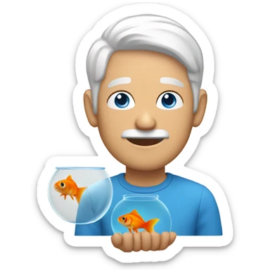 Man with white hair and blue eyes holding a goldfish sticker