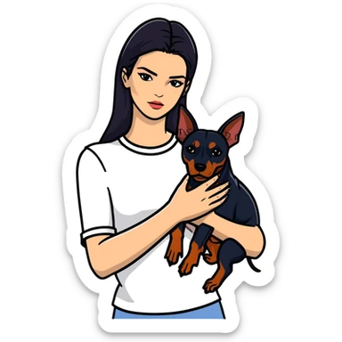 Kendall Jenner with long dark hair holds a Doberman Pinscher in her arms sticker