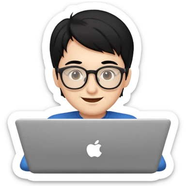 make an emoji of a happy malenerd  black hair developer behind laptop sticker