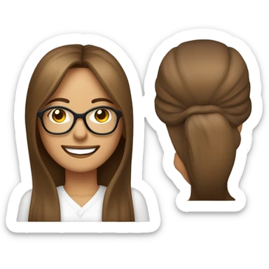 mujer de 42 años con gafas piel blanca sonrriendo car perfilada, ojos marrone grande cabello castaño y con iluminacines doraradas sticker