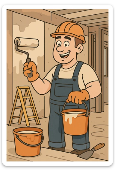 a construction worker painting a wall on a renovation site, with tools and paint buckets, fun and friendly look, cartoon style sticker
