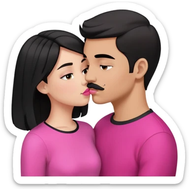 Brunette boy with short hair and black mustache wearing black clothes, kissing white girl with long black hair wearing pink clothes sticker