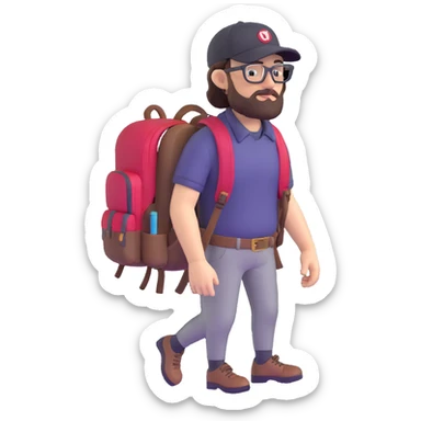 adventurer with backpack, small beard, glasses and backwards baseball cap sticker