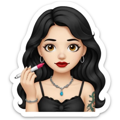 I want to create a female emoji with long black wavy hair and collar bone tattoo that says “me before you” and she has her nose pierced and black lip stick sticker