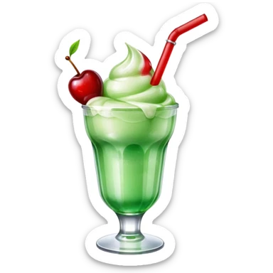 Create an emoji with a clear rounded glass, bright transparent green soda with fine bubbles, a smooth vanilla scoop, a glossy red cherry, and a black straw, using vibrant colors, soft shading, and clear glass highlights.
 sticker