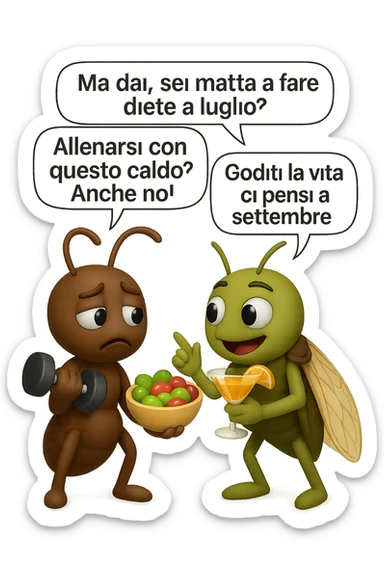 EMOJI STILE IPHONE 3D DI una cicala e una formica che parlano tra loro, la formica ha nella mano destra un manubrio da palestra e nella nella mano sinistra una bowl di insalata, la cicala invece ha un cocktail in mano, la cicala prende in giro la formica E LE DICE IN 3 FUMETTI DIFFERENTI: "Ma dai, sei matta a fare diete a luglio?”
“Allenarsi con questo caldo? Anche no!”
“Goditi la vita, ci pensi a settembre.”
 sticker