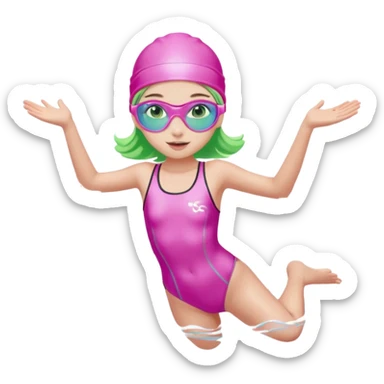 pretty girl with green eyes pink swim cap holographic swimming glasses and cute profesional swimmer pink swimsuit jumping in water sticker