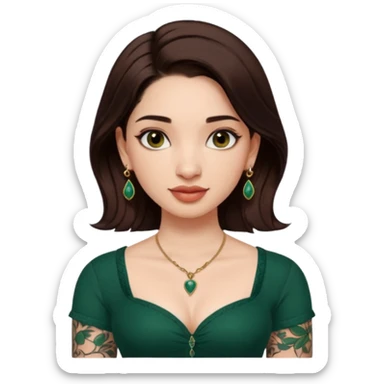 pretty bratz genmoji that looks like tamannah bhatia (bollywood actress), wearing a dark green sweetheart neckline top, dark brown hair, light makeup, no necklace, dangly earrings, side hair part, dark BROWN eyes, with full tattoos and neck tattoo big, fair sticker