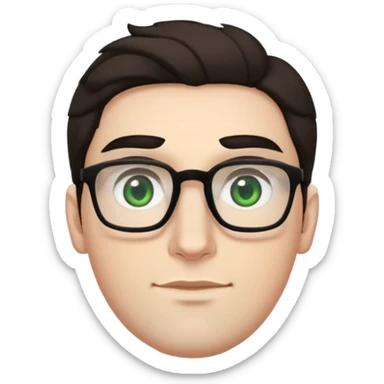 young man with pale skin, larger face, bigger nose, thick dark eyebrows, dark tall voluminous slightly wavy hair styled up high on head but not curly, wearing glasses with green eyes and very light stubble, with a slight smile sticker