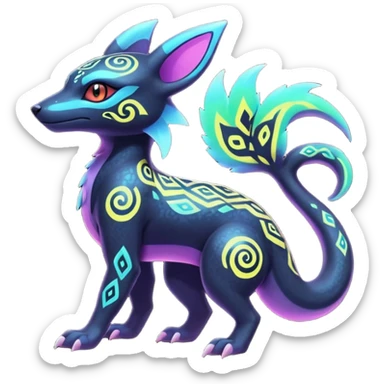 Colorful Neon Exotic Salandit-Aurorus-Umbreon-Fakémon-hybrid-creature (full body) with iridescent tribal markings sticker