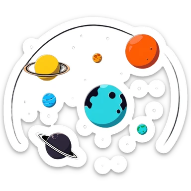 Bright planets and stars floating, white background, high saturation, colorful sticker