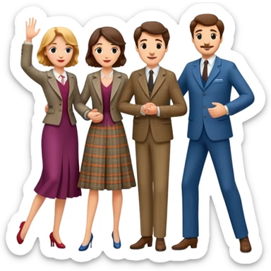 A theater set containing three couples, a suit and dress pair, a philosophy professor and dance teacher, and a young French couple sticker