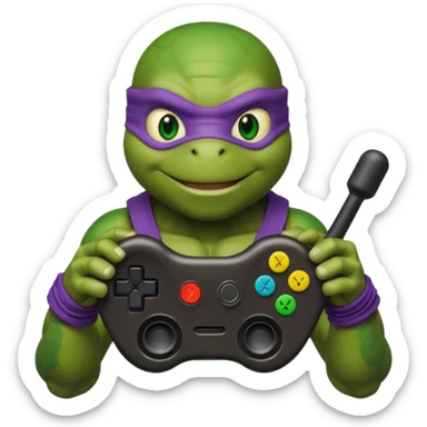 Donatello from Teenage Mutant Ninja Turtles, emoji style, holding a joystick sticker