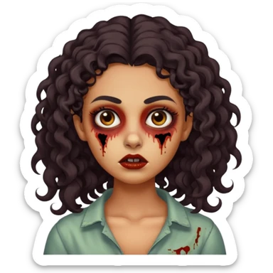 Create a zombie emoji inspired by a young woman with tanned skin, an oval face, large dark eyes, defined eyebrows, a small nose, and medium lips. Her hair should be long, curly, and dark.  sticker