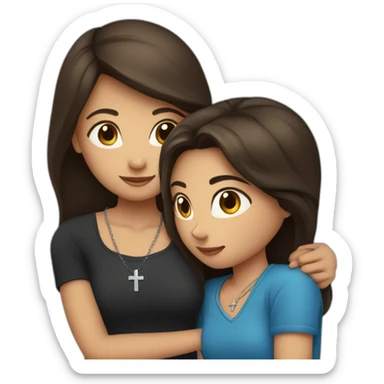 one girl with long brown hair wearing a cross necklace and one girl with medium black hair wearing a blue shirt hugging sticker