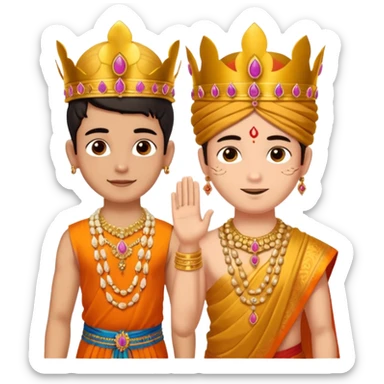 Brahmin boy is thanking to the bharatanatyam dancer. Only the girl is in lordess padmavati with golden crown and giant flower garland on her neck. The boy is a normal helper. The girl is fat and tall the boy is small. sticker