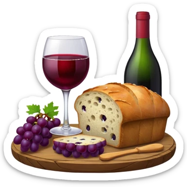 Please make a wine glass with a red cloth, make some grapes and a whole round loaf of bread, and place them on an elegant board. sticker