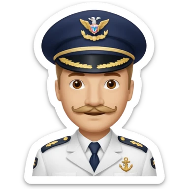 A light-skinned man with brown eyes and a mustache, smiling while wearing a white captain’s hat with a navy emblem. sticker