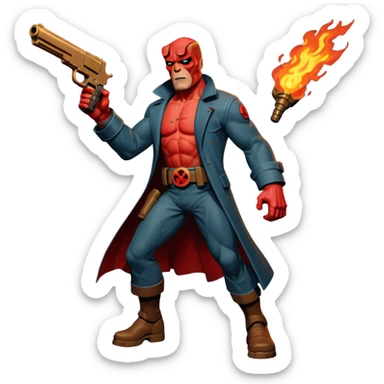 cinematic realistic superhero Hellboy by Mike Mignola jumps and shoots with a bronze pistol sticker