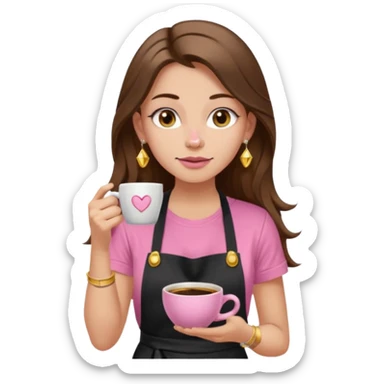 Fille cheveux long châtain, peau beige type européen, teeshirt rose avec un tablier noir, piercing au nez anneau doré, boucle d’oreille diamant doré. Elle boit un café sticker