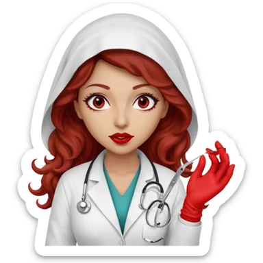 Scary woman scalpel in hand, evil surgeon sexy surgeon clothes.  She has red eyes. Her  brown long curly hair. Wears sexy doctor outfit with red gloves. make her hair free and brown but she  wear mouth cover   to hide. Wears white surgeon jacket and hijab cover lips  sticker