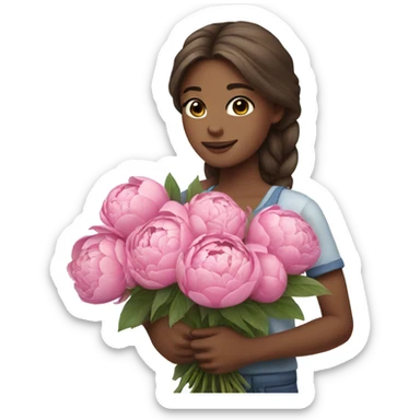 a girl with long brown hair and blue eyes holding a Beautiful bouquet of pink peonies   sticker