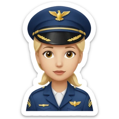 A female pilot with light skin and blonde hair under her cap sticker