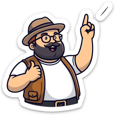 Fat bearded nerd wearing fedora hat pointing up to the sky with finger sticker