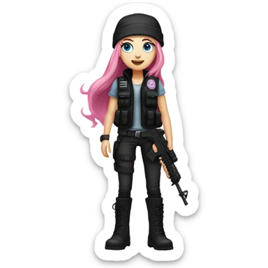 girl, white skin, tactical vest, dark pants, long pink hair, blue eyes, black beanie hat with crescent moon on front, black combat boots, gun, full body sticker