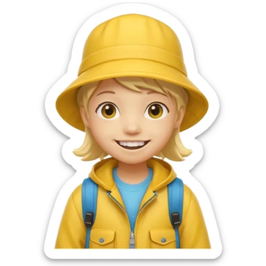 Little student wears yellow bucket hat and jacket, backpack, happy sticker