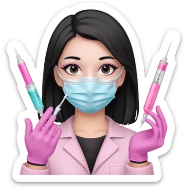 laboratorista con guantes rosa pastel y mascarilla rosa pastel jeringa tubo laboratorio sin lentes pelo lacio negro y largo ojos negro cabello largo sticker