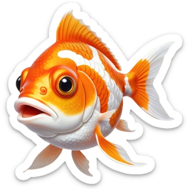 Cinematic Comical Orange and White Goldfish Portrait Emoji, Head tilted dramatically with an exaggeratedly amused expression, featuring a striking body with bold orange and white patterns, wide, expressive golden eyes filled with playful disbelief, Simplified yet hilariously expressive features, highly detailed, glowing with a slightly sassy glow, high shine, dramatic yet playful, stylized with an air of cheeky mischief, bright and endearing, soft glowing outline, capturing the essence of a spirited and over-the-top goldfish, so meme-worthy it feels like it could side-eye its way into internet fame instantly! sticker