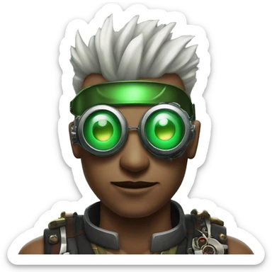 Male cyborg with thin red Mohawk and green steampunk goggles sticker