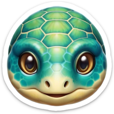 Cinematic Cute Sea Turtle Portrait Emoji, Head tilted playfully and inquisitively, featuring a charming, compact form with a beautifully patterned, domed shell and gentle, sparkling eyes full of oceanic wonder, Simplified yet irresistibly adorable features, highly detailed, glowing with a warm, friendly sea glow, high shine, affectionate and lively, stylized with a touch of whimsical marine charm, soft glowing outline, capturing the essence of a mischievous yet loving sea turtle that seems as if it could swim out of the screen into your arms! sticker