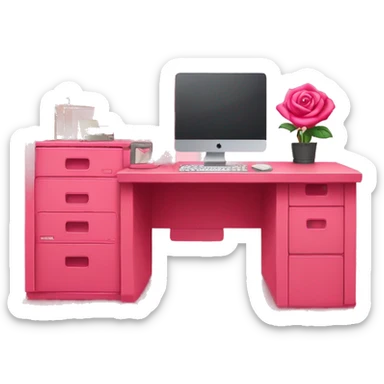 Rose red pink desk with shelves + rose red computer on top of desk.  sticker
