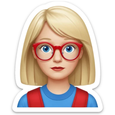 50 yr old white woman, pale skin, long straight blond hair parted in center, blue eyes, bangs, clothes for school, big red glasses, oval face,  sticker