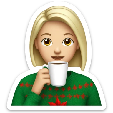 Short haired blonde girl drinking coffee wearing Christmas sweater sticker