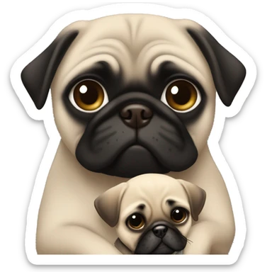A white girl with brown hair and hazel eyes is hugging black pug sticker