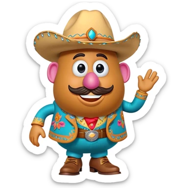 Create a 3D Pixar-style Mr. Potato Head character with a rounded, slightly uneven shape, expressive eyes, a wide smile, and cartoonish limbs, dressed in a colorful suit with intricate embroidery, a vibrant cowboy hat adorned with a feather sticker