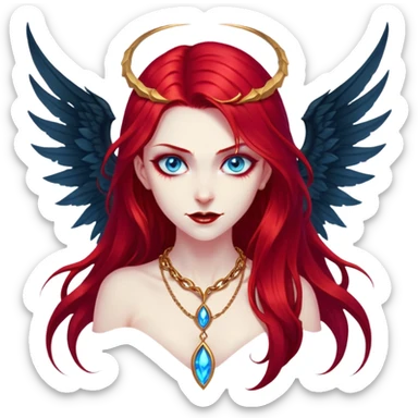 extremely diabolical girl with massive towering wings, very long flowing blood red hair, glowing blue eyes, black hellfire aura, no horns, evil grin, gold necklace sticker