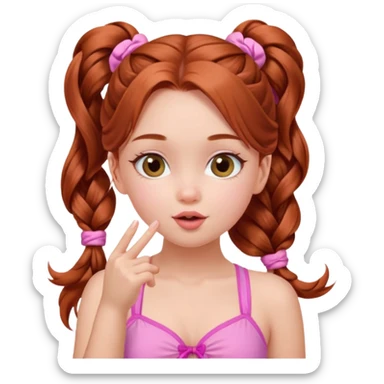 A cute ukrainian girl, with long auburn hair two side ponytails plaited, in her pink bathing costume, she's blowing a kiss. sticker