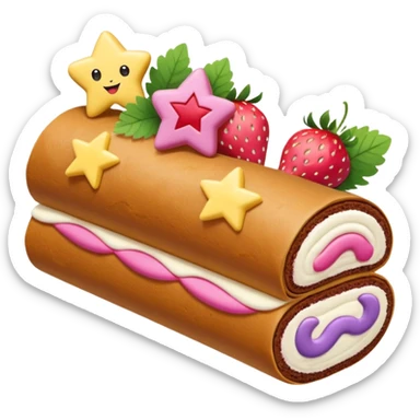 a cake roll with yellow pink and purple star on both side of cheeks do there 6 star in a then it has white frosted cream on the top of the brown cake roll and he’s kiss a strawberry with long green leafs  sticker