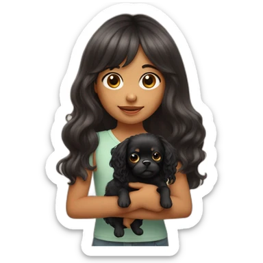 young girl with long wavy hair and bangs holding her little black chichuachua dog sticker