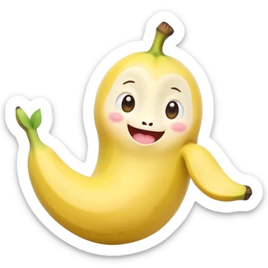 Cute Kawaii Banana, slightly curved, soft pastel yellow, cute giggling face with big round eyes, tiny arms waving happily, a peeled section revealing a smiling expression! sticker