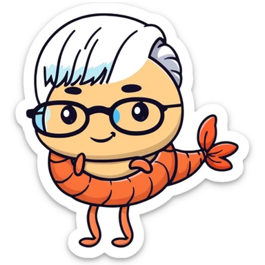 a little shrimp that is old with white hair and glasses, elderly shrimp character with white eyebrows and hair, wearing round glasses sticker