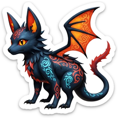 Shiny Fiery Dark Ugly Evil Realistic Glowing Eldritch Horror Cool Edgy Badass Emo Demonic Batty Dusky Ethereal Punky Aural Bioluminescent Hideous Canine-Litten-Amaura-Salandit-Noibat-Flareon-Fakémon-fusion (full body) with intricate pattern markings sticker