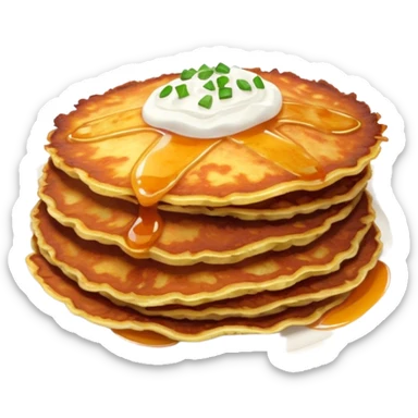 Cinematic Realistic Placki Ziemniaczane Dish Emoji, depicted as crispy potato pancakes served with sour cream rendered with vivid textures and warm, appetizing lighting. sticker